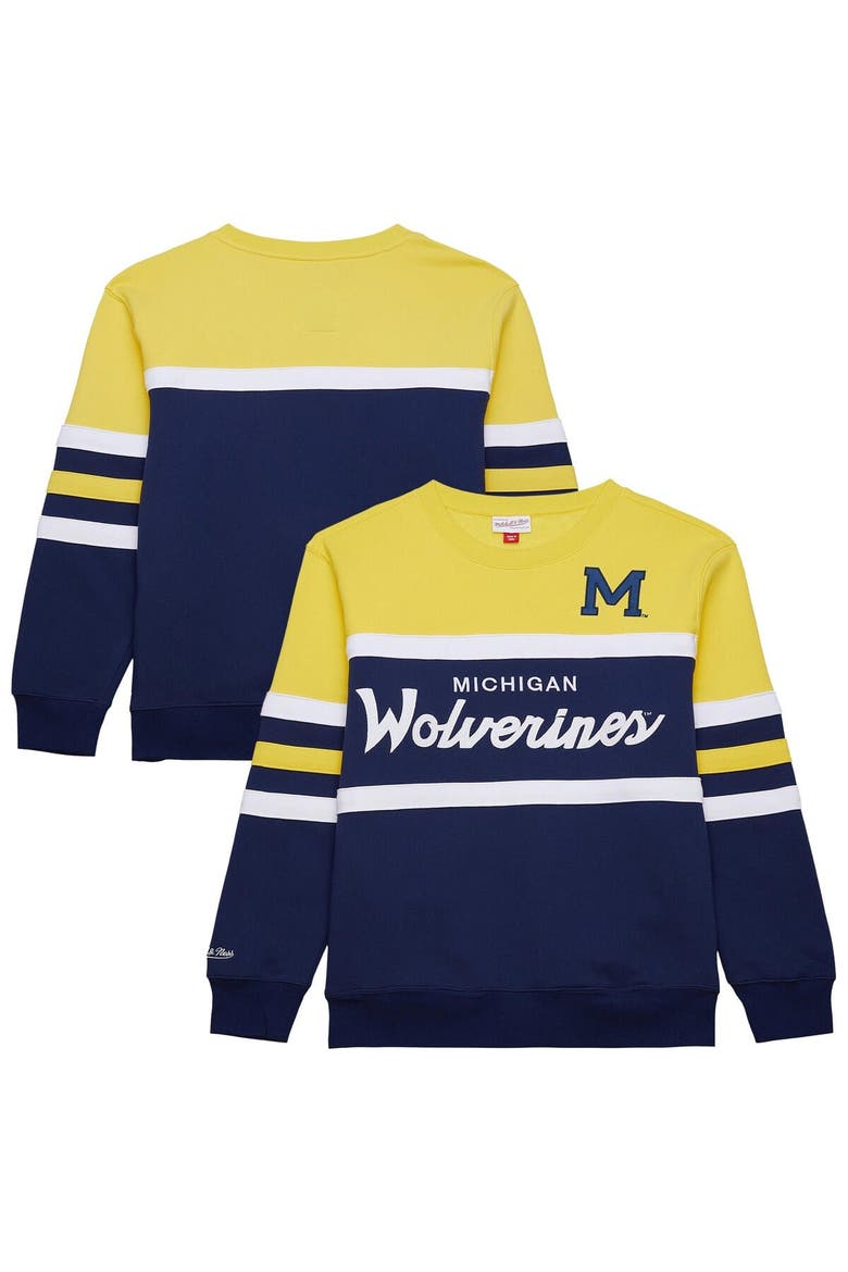 Men's Mitchell & Ness  Navy Michigan Wolverines Vintage Logo Head Coach Fleece Pullover Sweatshirt, Main, color, Navy