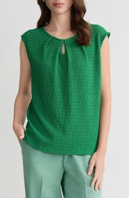 KASPER Crinkled Keyhole Cap Sleeve Knit Top