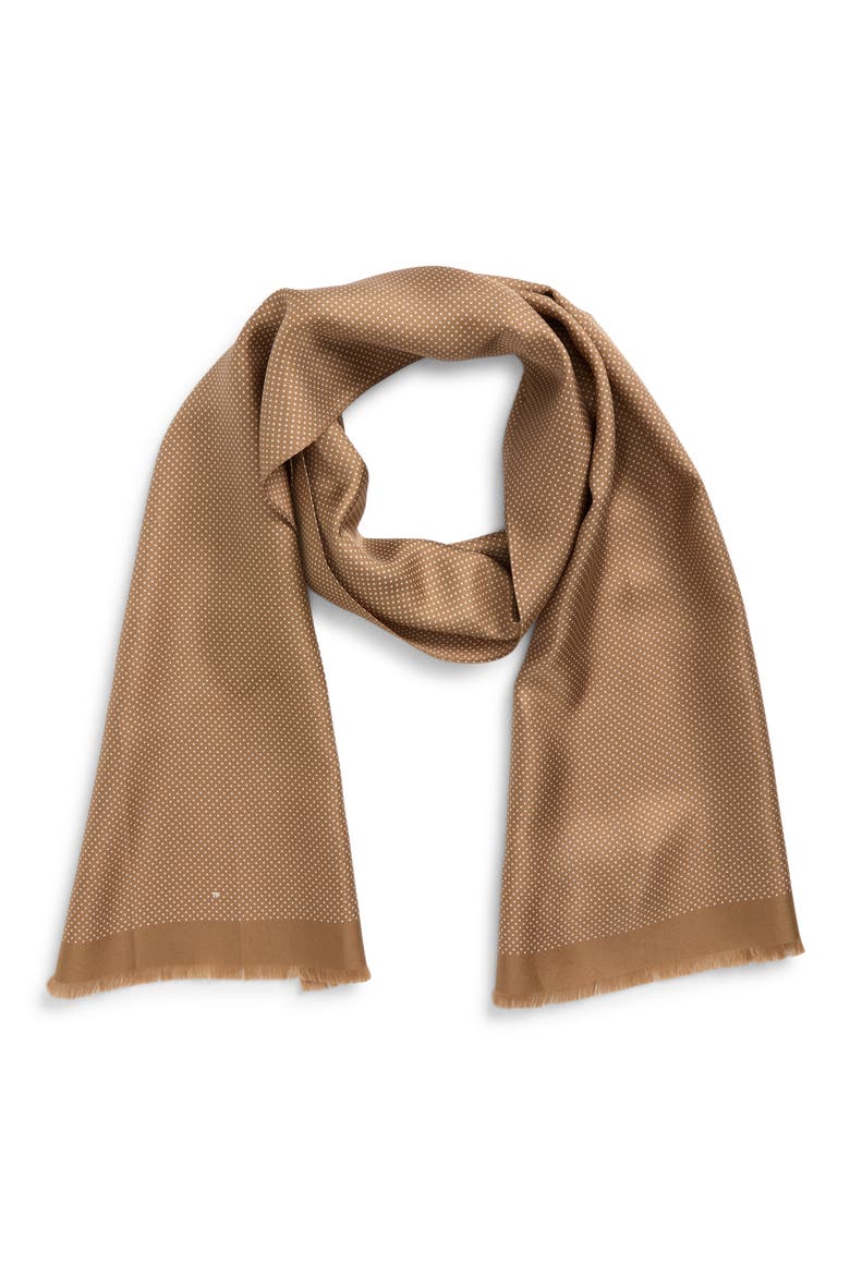 Polka Dot Silk Twill Fringe Scarf, Alternate, color, CAMEL/ OFF WHITE