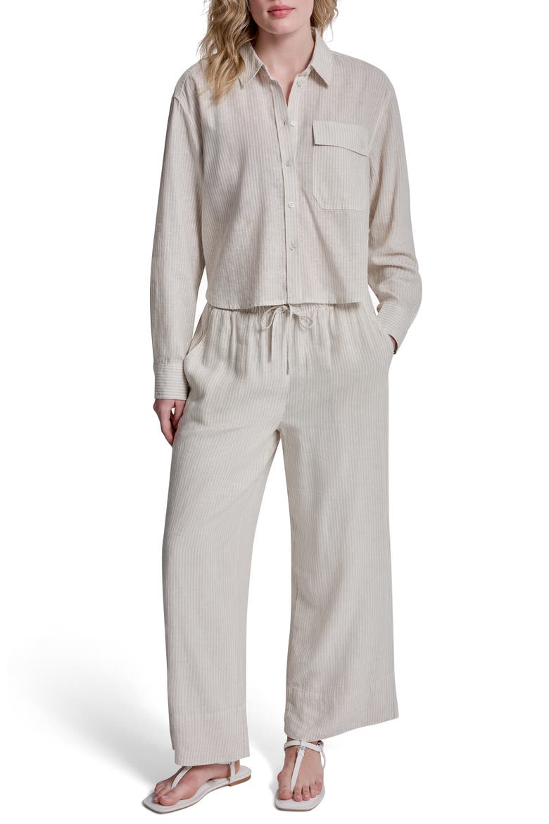 Striped Long Sleeve Linen Blend Top, Alternate, color, PEBBLE/ IVORY