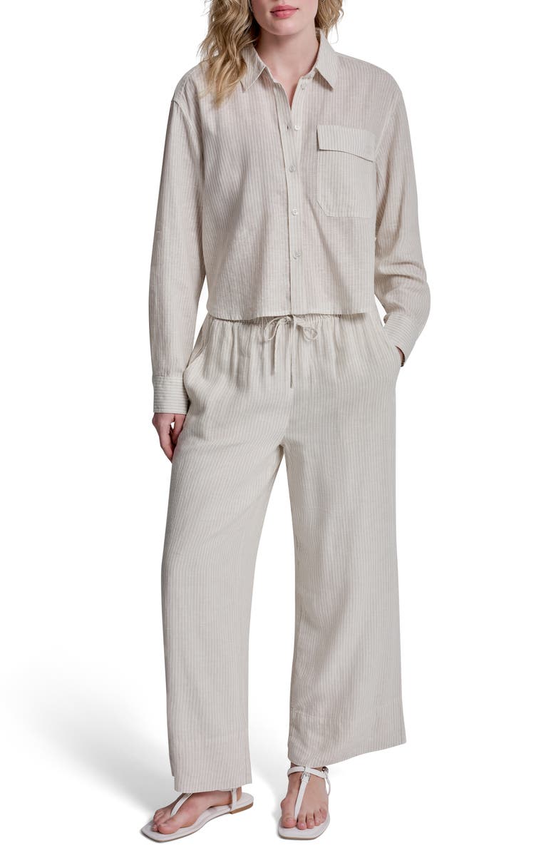 DKNY Jeans Striped Long Sleeve Linen Blend Top, Alternate, color, Pebble/ Ivory