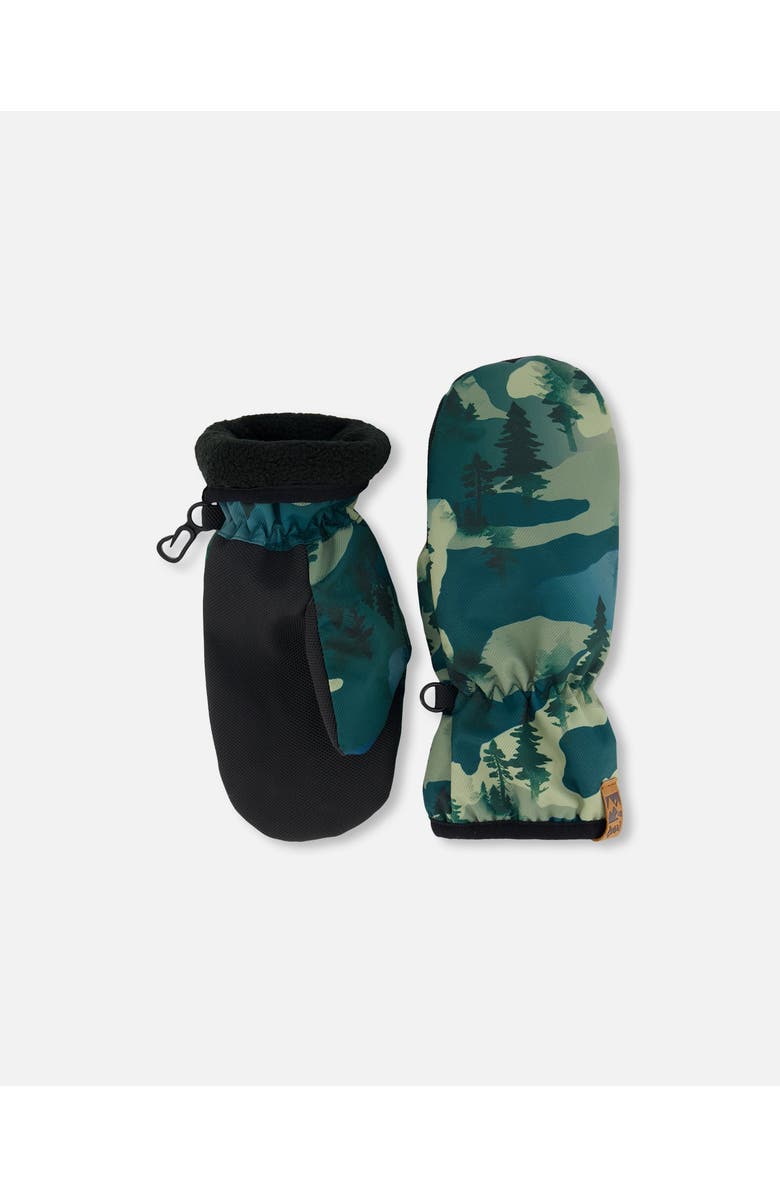 Deux par Deux Little Boy's Printed Mid-Season Mittens Forest Green With Black Pines, Alternate, color,
