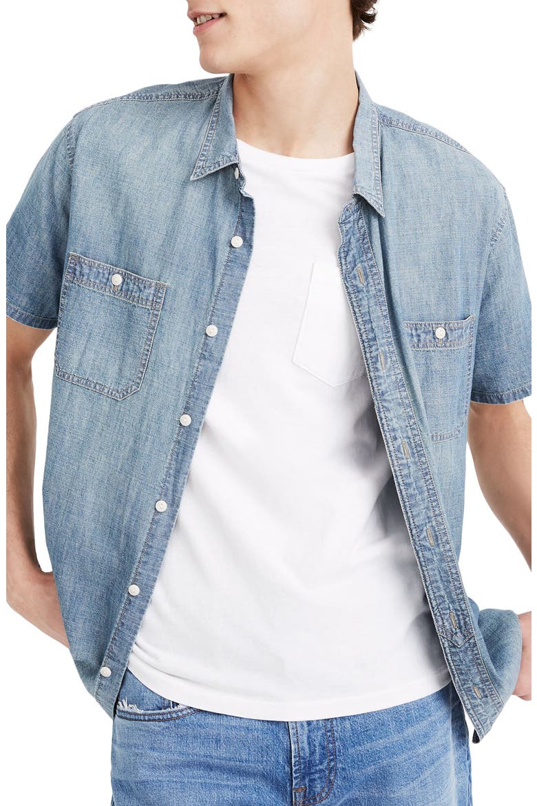 Perfect Short Sleeve Chambray Button-Up Shirt, Main, color, WINTERDALE WASH