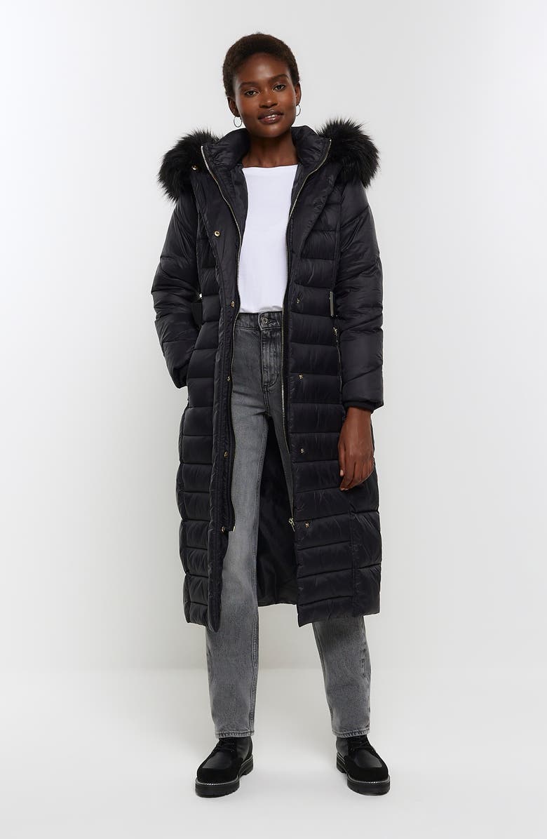 River Island Belted Longline Hooded Puffer Jacket with Removable Faux Fur Trim, Alternate, color, 