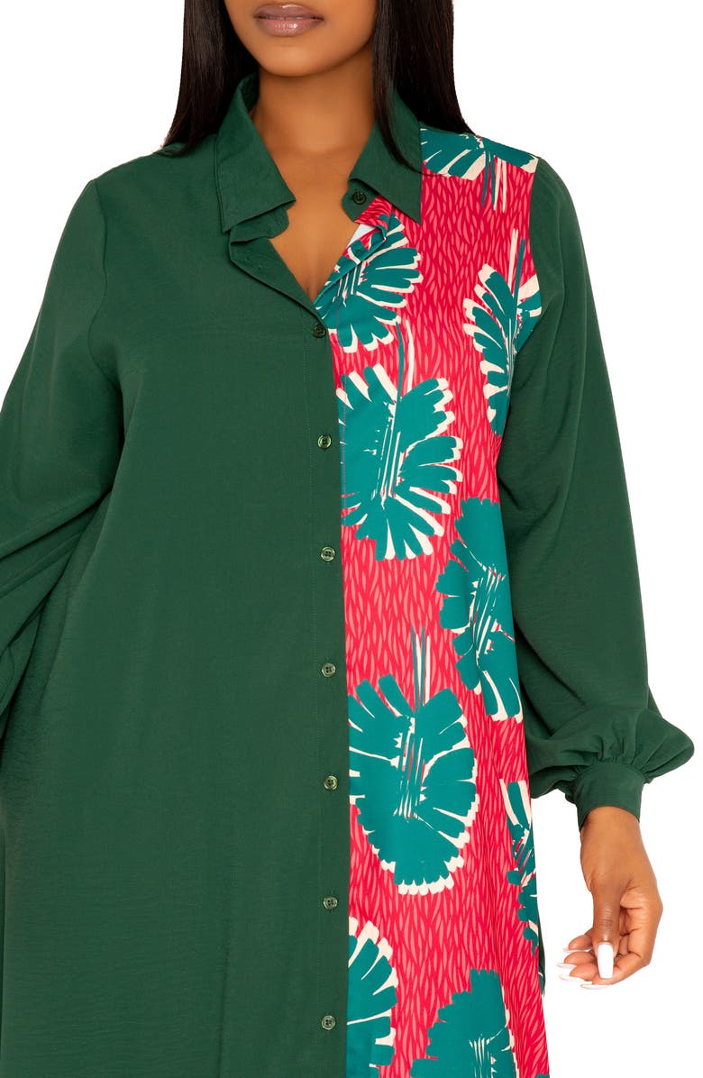 BUXOM COUTURE Solid & Print Long Sleeve Asymmetric Maxi Shirtdress, Alternate, color, Green Multi