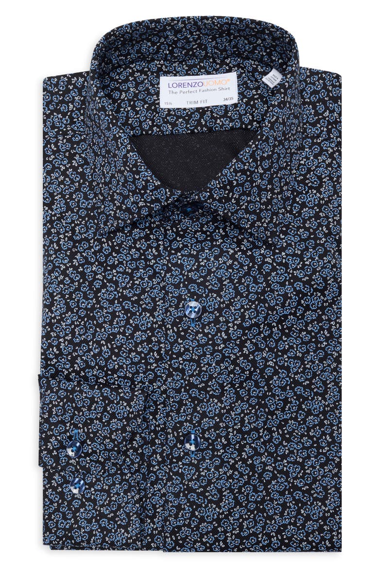 Trim Fit Floral Print Dress Shirt, Alternate, color, NAVY