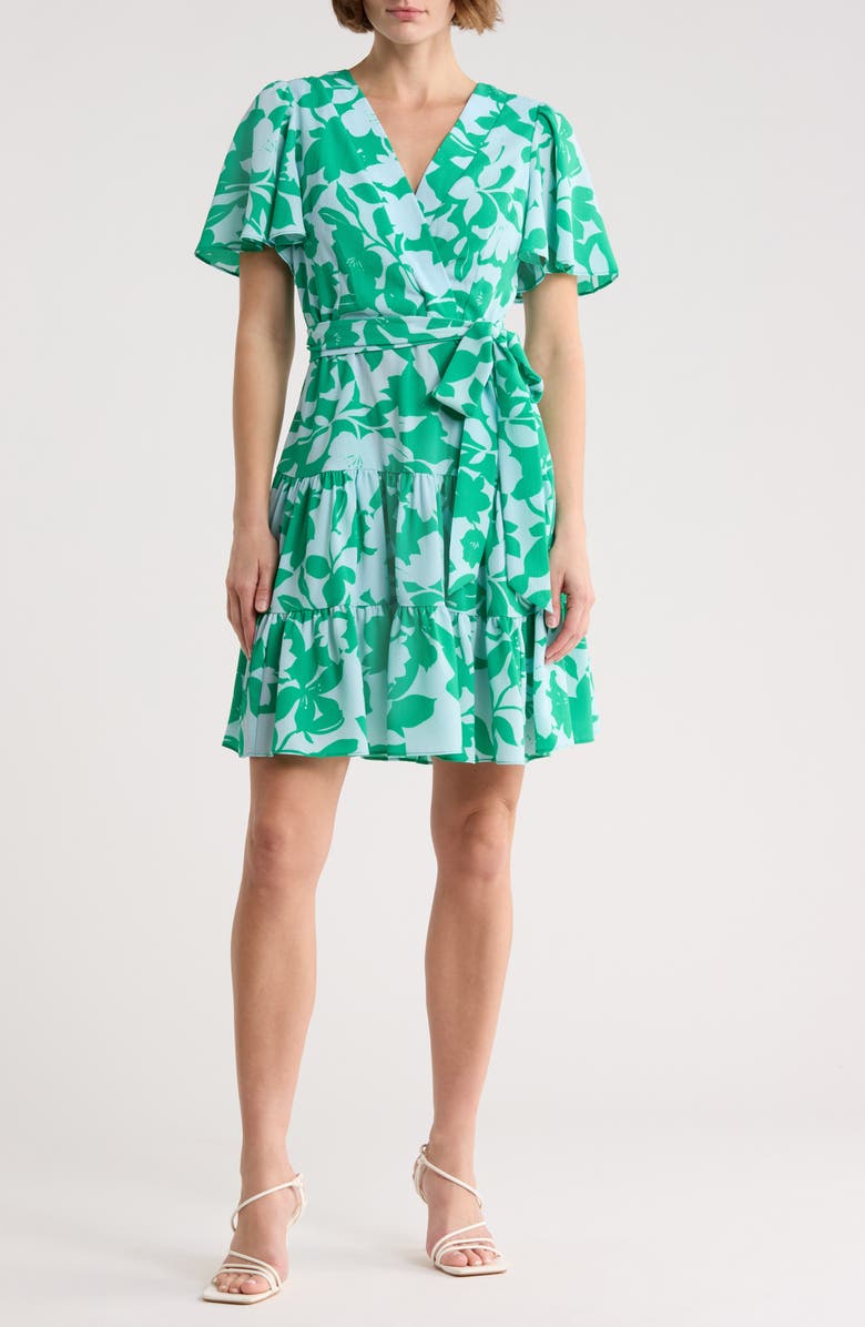 Eliza J Floral Short Sleeve Fit & Flare Dress, Main, color, Green