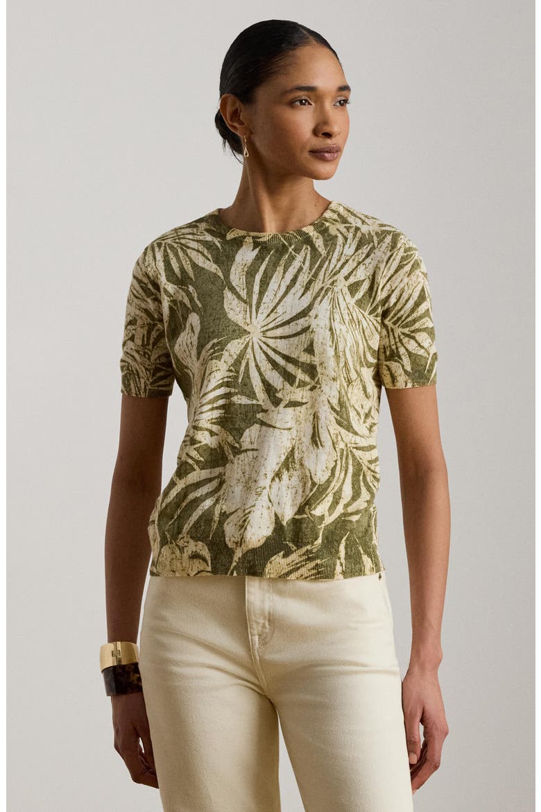 Floral Short Sleeve Linen & Cotton Sweater, Alternate, color, FARM OLIVE GREEN