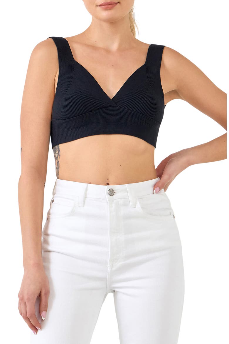 Tie Back Rib Bra Top, Alternate, color, BLACK