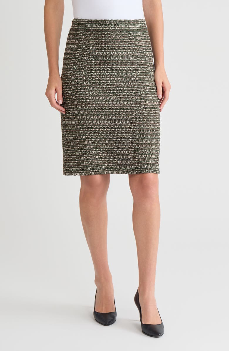 Misook Straight Tweed Knit Skirt, Main, color, Dark Ivy/Midnight Umber