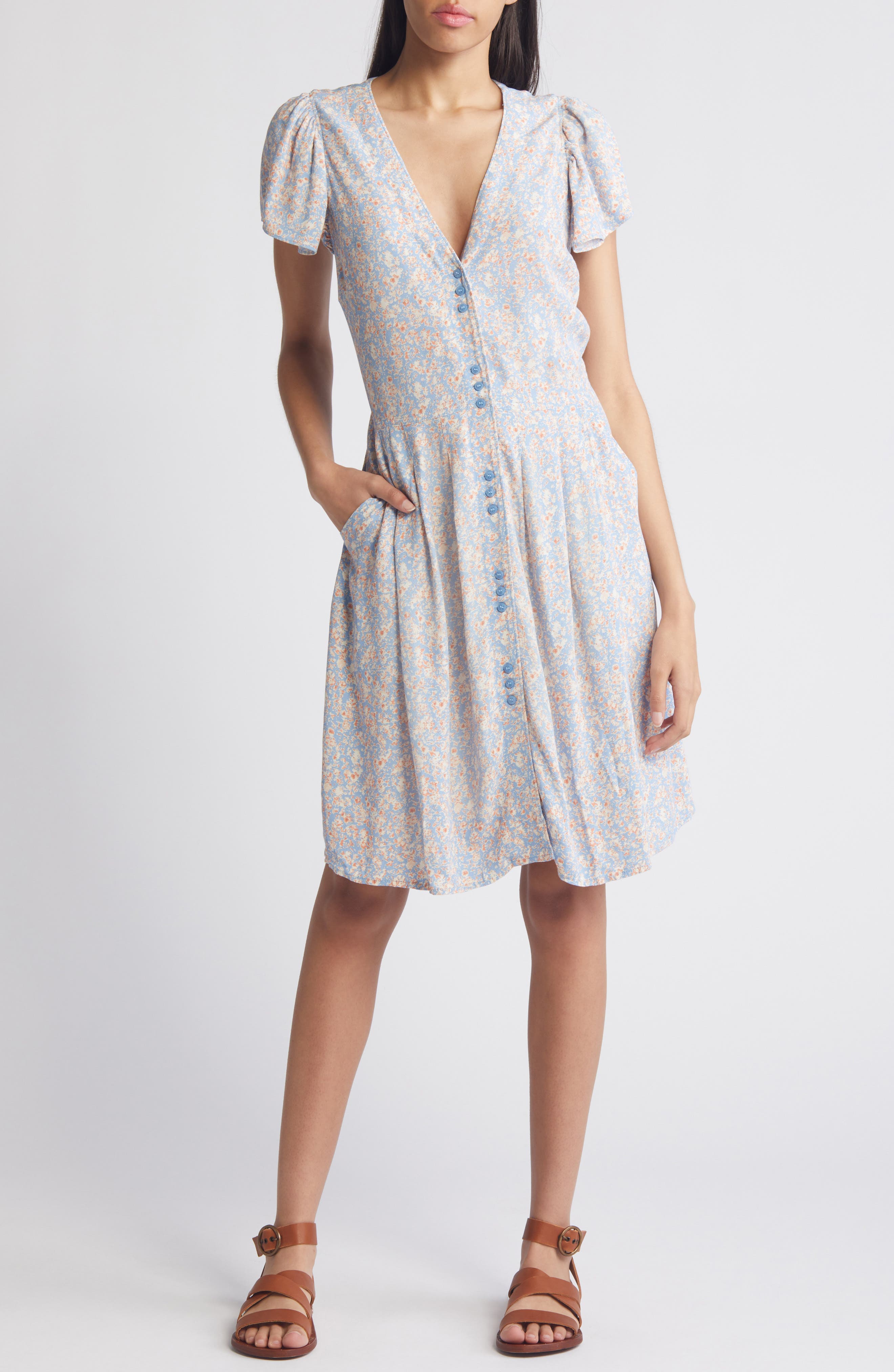 Treasure & Bond Floral Flutter Sleeve Button-Up Dress (Women ...