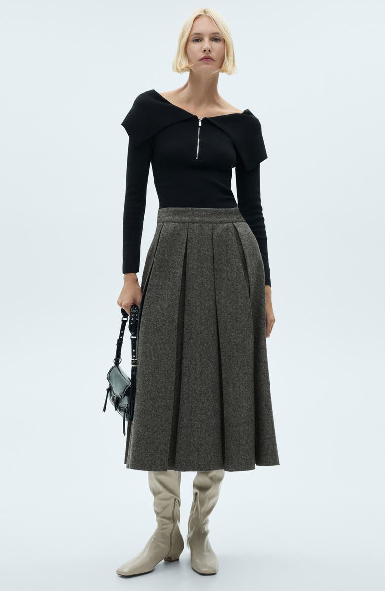 MANGO Pleated Marbled Wool Blend Midi Skirt, Alternate, color,
