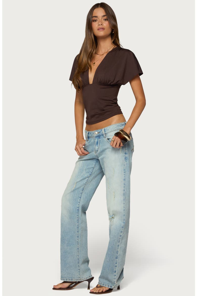 Flutter Plunging V-Neck Top, Alternate, color, DARK-BROWN