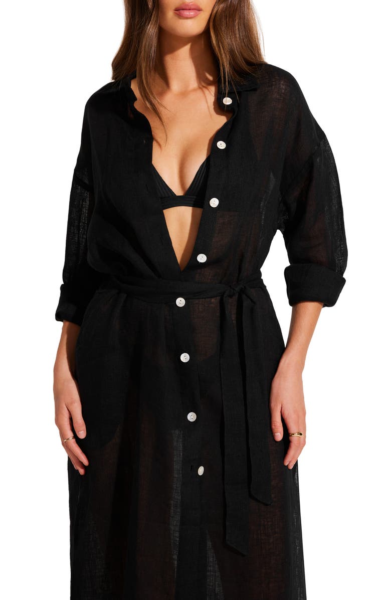 Vitamin A<sup>®</sup> Playa Long Seeve Linen Cover-Up Maxi Shirtdress, Alternate, color, 