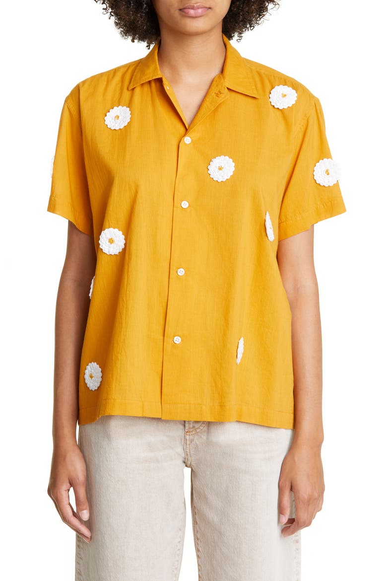 Daisy Rickrack Short Sleeve Cotton Button-Up Shirt, Main, color, MARIGOLD