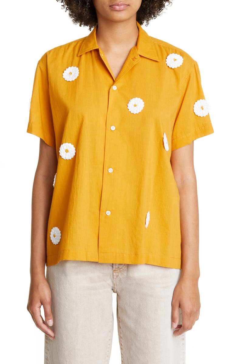 Bode Daisy Rickrack Short Sleeve Cotton Button-Up Shirt, Main, color, 