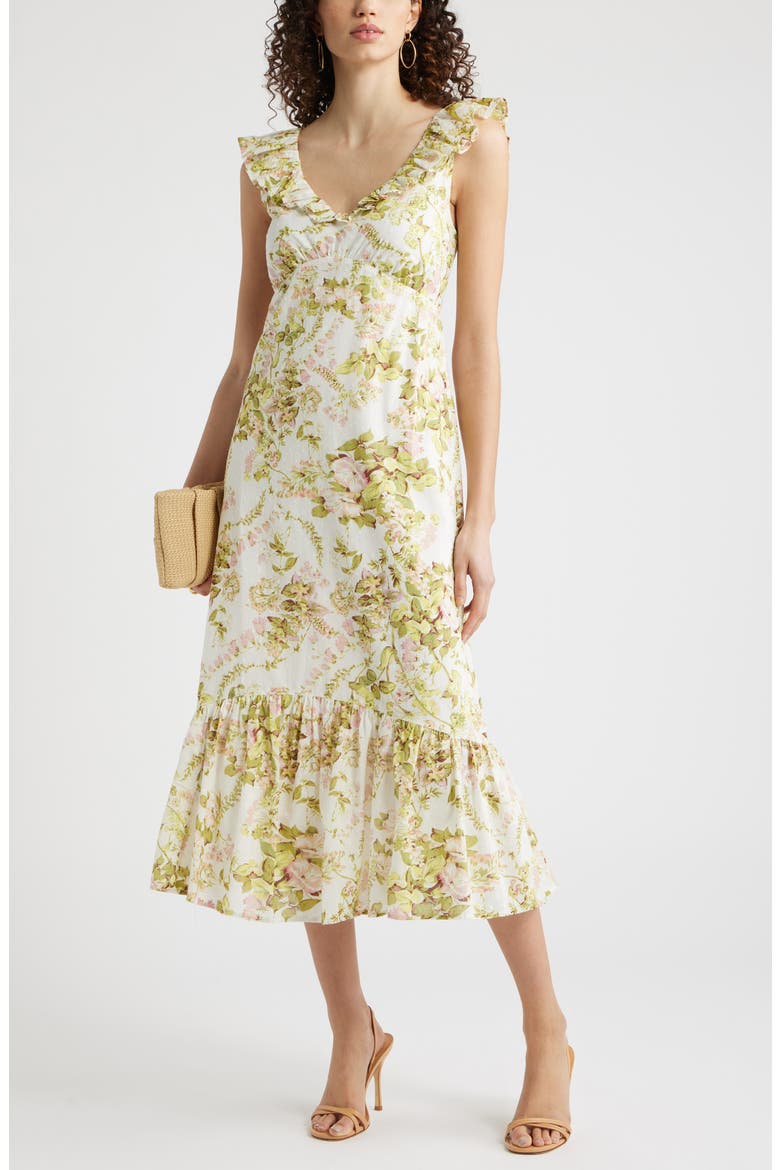 Ruffle Sleeve Tiered Midi Dress, Main, color, IVORY- AMANDA FLORAL