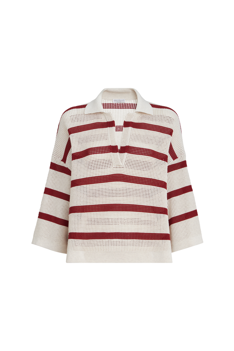 Cotton striped net knit polo shirt, Alternate, color, Bordeaux
