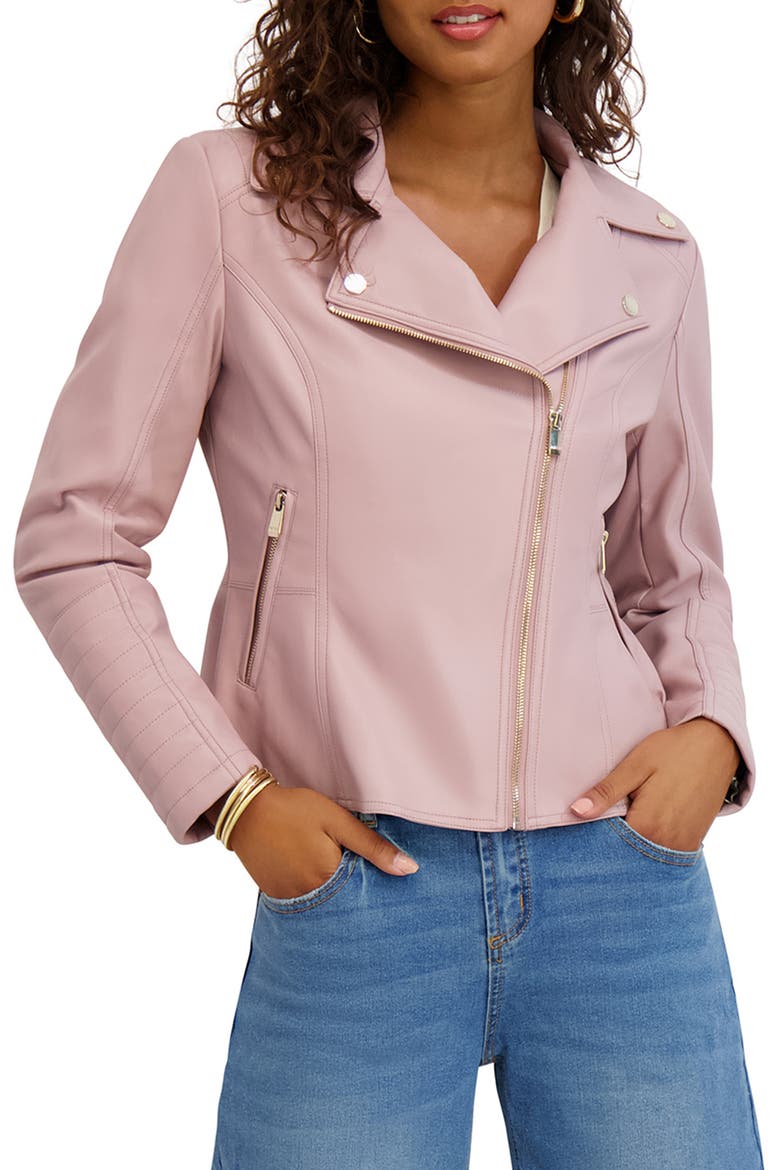 Peplum Back Faux Lether Moto Jacket, Main, color, ROSE