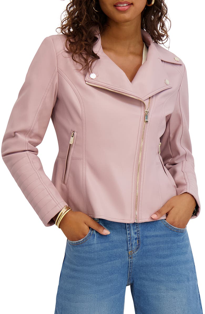Kensie Peplum Back Faux Lether Moto Jacket, Main, color, Rose