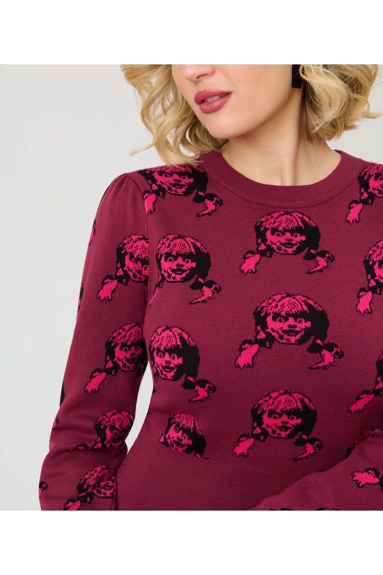 Embroidered Long Sleeve Sweater, Alternate, color, Red Annabelle Doll Print
