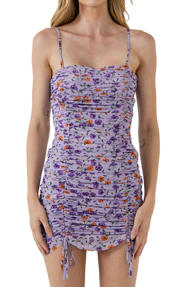 Floral Ruched Mesh Minidress, Alternate, color, PURPLE MULTI