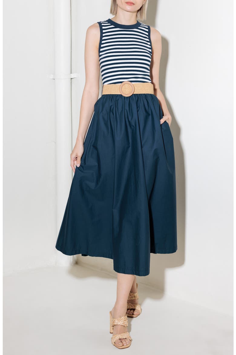 Belted Mixed Media Midi Dress, Alternate, color, NAVY MIX