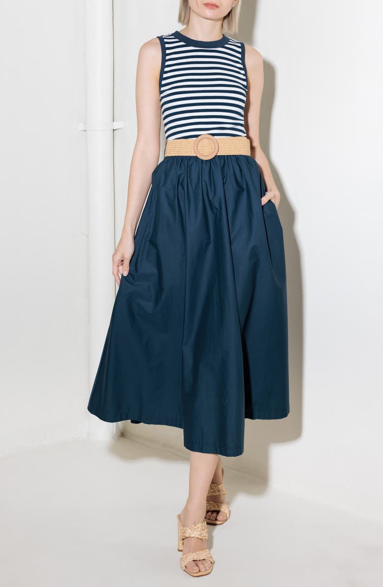 FREEMARKET Belted Mixed Media Midi Dress, Alternate, color, Navy Mix