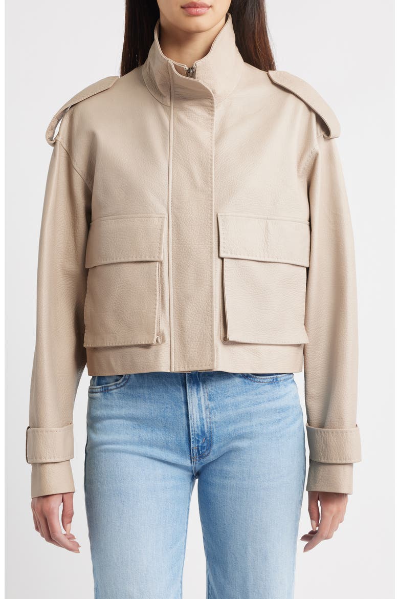 Maeve Crop Leather Moto Jacket (Nordstrom Exclusive), Main, color, FAWN