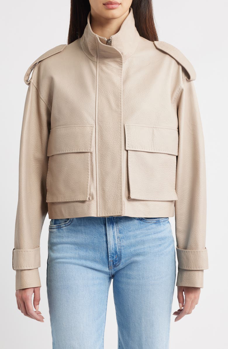 Fleurette Maeve Crop Leather Moto Jacket, Main, color, Fawn