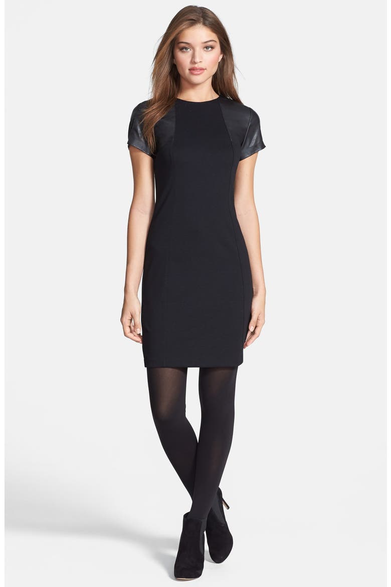 Faux Leather Trim Ponte Sheath Dress, Alternate, color, BLACK