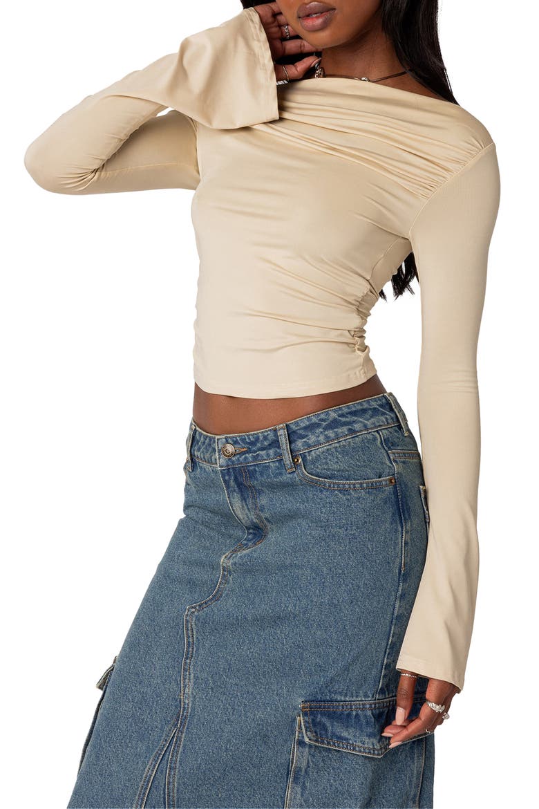 Dana Gathered Bateau Neck Long Sleeve Crop Top, Alternate, color, CREAM