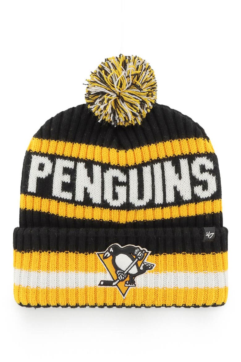 Men's '47 Black Pittsburgh Penguins Bering Cuffed Knit Hat with Pom, Main, color, BLACK