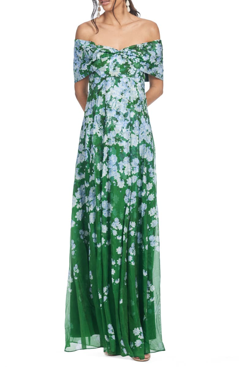 Sachin & Babi Kennedy Floral Print Off the Shoulder Gown, Main, color, Kelly Green Degrade Florals