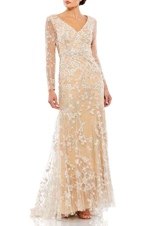 Embroidered V Neck Long Sleeve Trumpet Gown