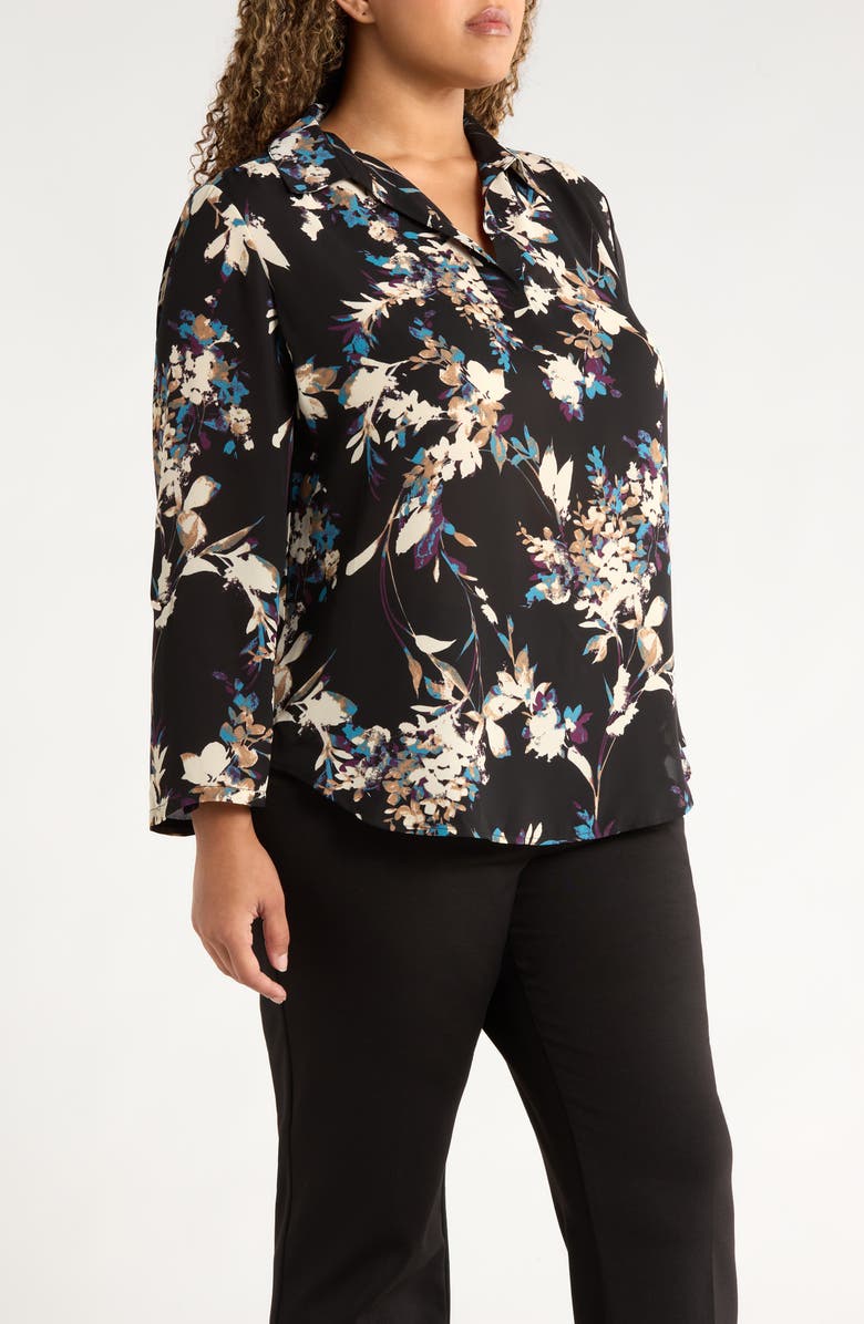 AK ANNE KLEIN Floral Popover Crêpe de Chine Top, Alternate, color, Anne Black Multi
