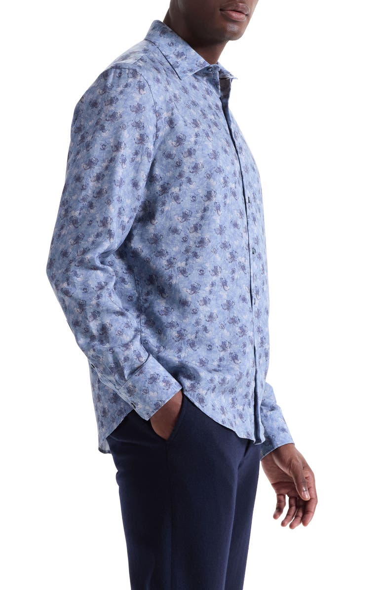 Bugatchi Julian Shaped Fit Floral Print Button-Up Shirt, Alternate, color, Cobalt