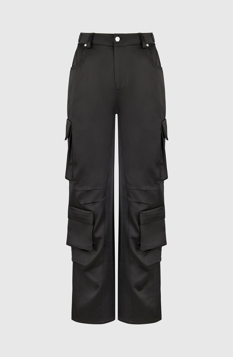Manière De Voir Emilie Satin High Waisted Cargo Pants, Main, color, Black