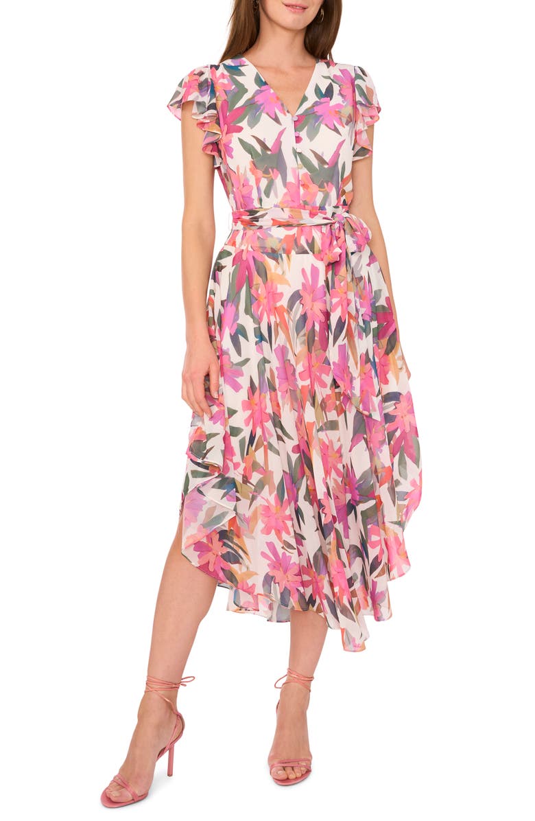 Vince Camuto Floral Belted Midi Dress, Main, color, 