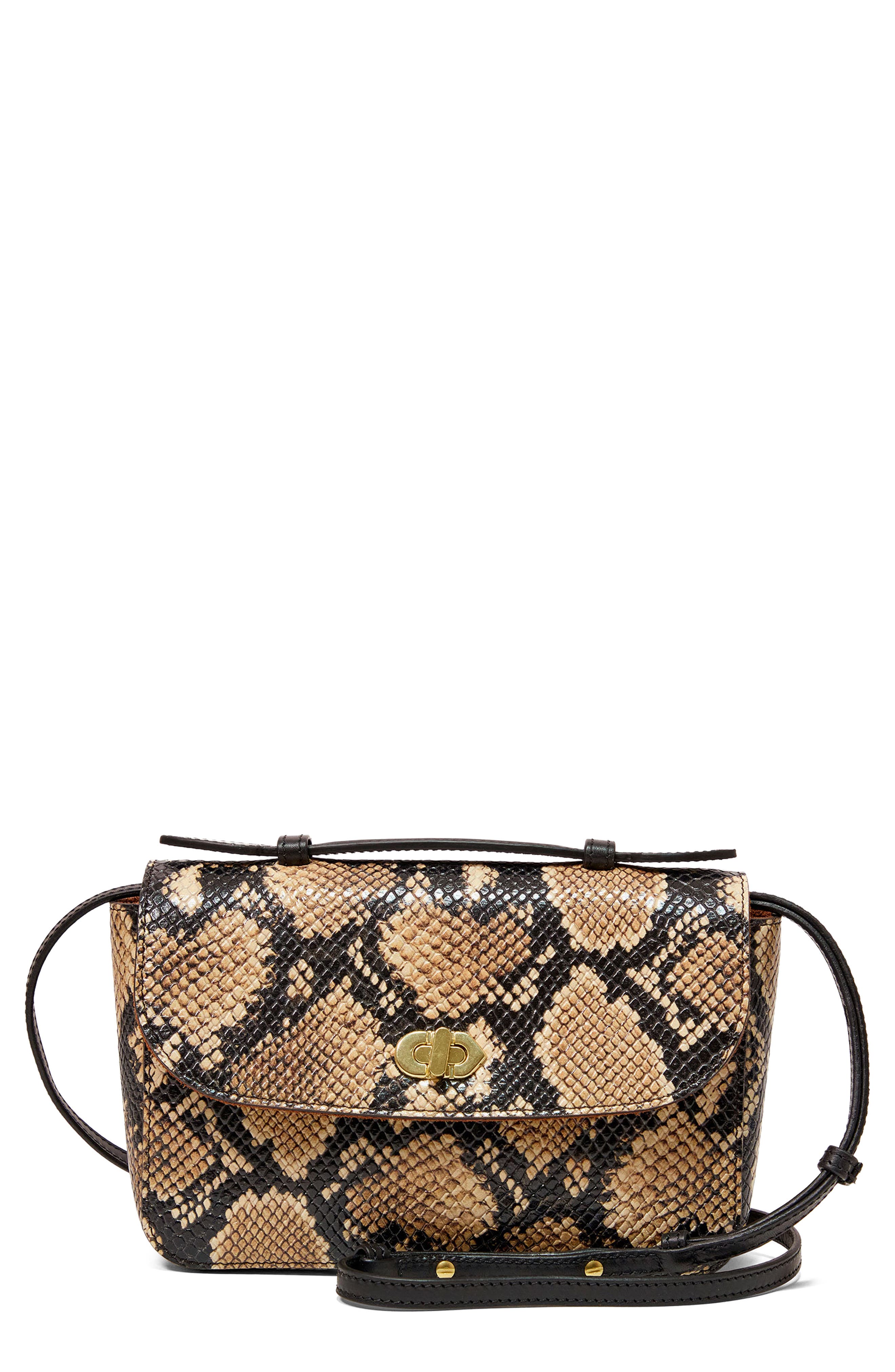Clare V. Kathryn Snakeskin Embossed Leather Crossbody Bag, Main, color, Tan