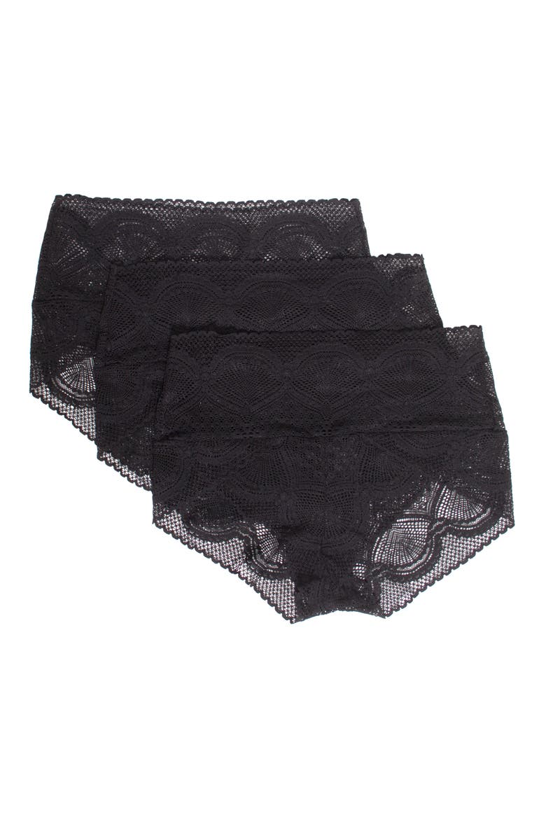 Mock Wrap 3-Pack Lace Briefs, Main, color, BLACK
