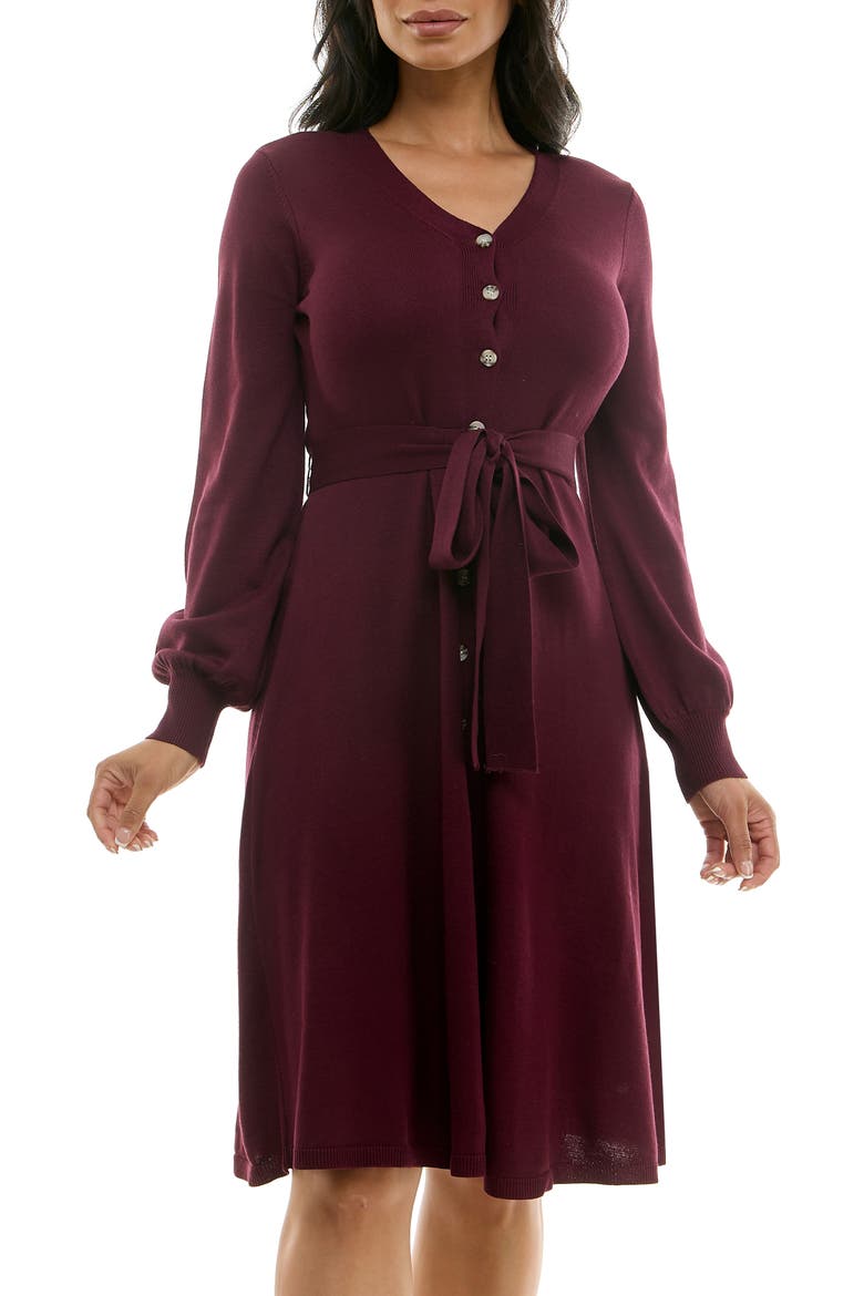 Waist Tie Ribbed Long Sleeve Sweater Dress, Main, color, DEEP WINE
