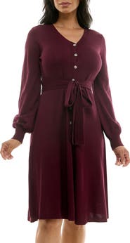 Nina Leonard Waist Tie Ribbed Long Sleeve Sweater Dress