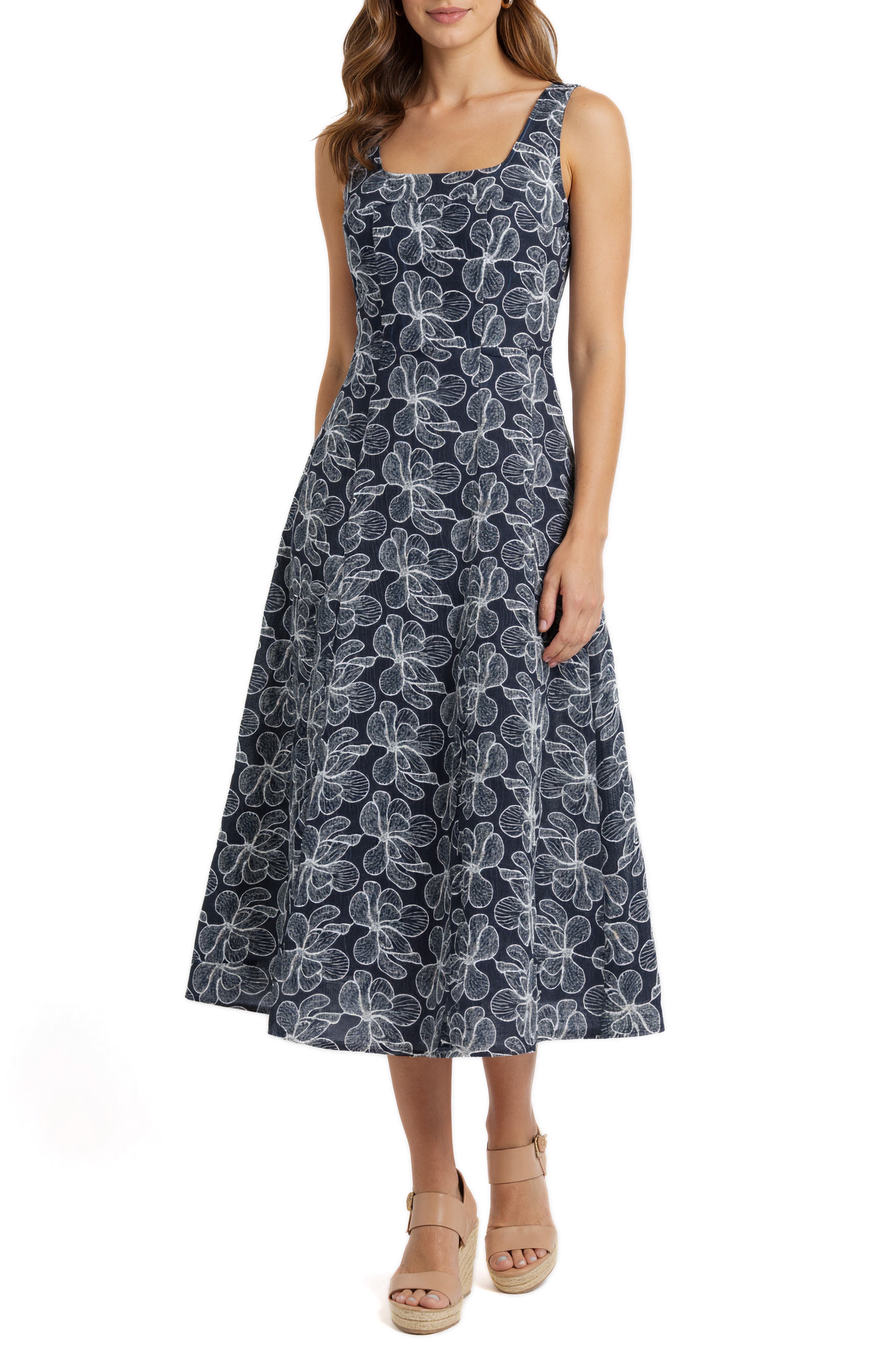 Floral Embroidered Denim Fit & Flare Dress