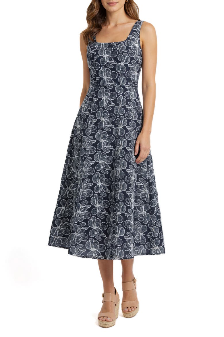 Floral Embroidered Denim Fit & Flare Dress, Main, color, DARK DENIM
