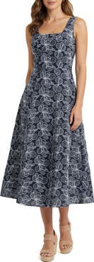 Mila Mae Floral Embroidered Denim Fit & Flare Dress