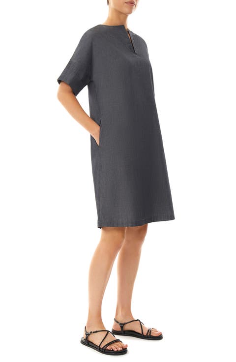 Split Neck Cotton Shift Dress