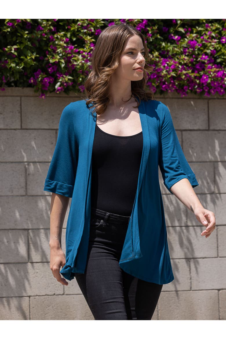 Open Front Elbow Length Sleeve Cardigan, Alternate, color, Teal