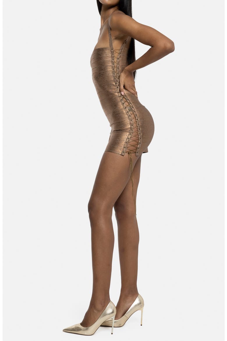 Lace Up Metallic Minidress, Alternate, color, BRONZE