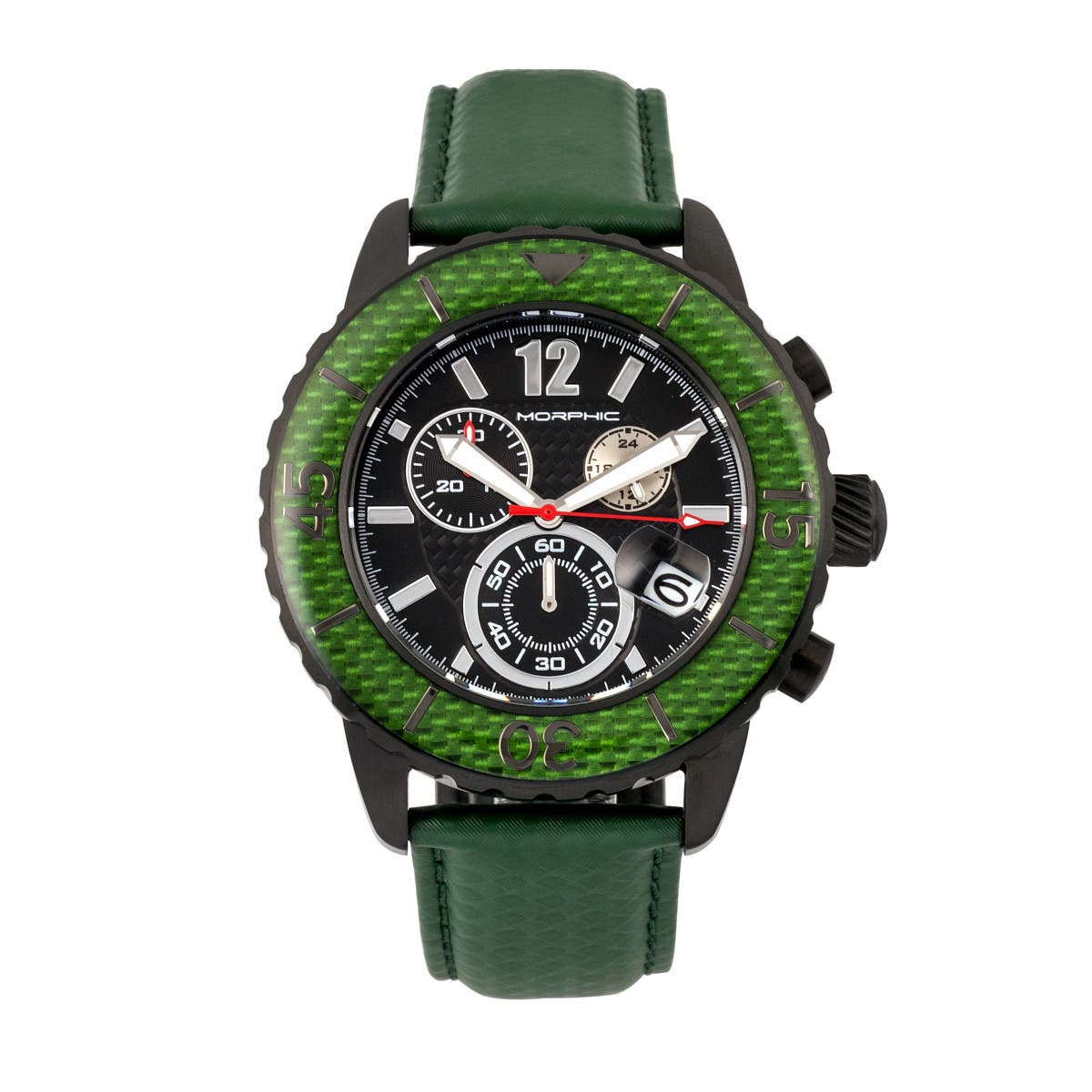 Morphic M51 Series Chronograph Leather-Band Watch w/Date in Black/green 